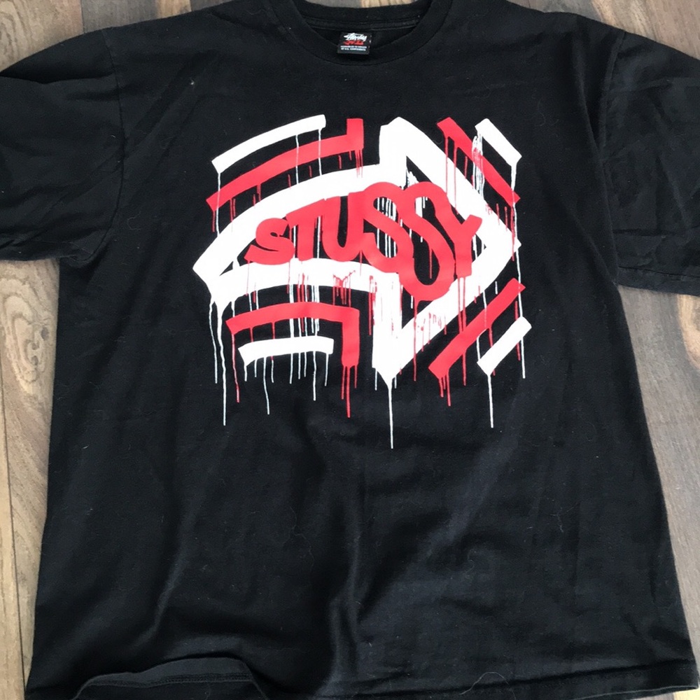 Stussy Black Tee with Red & White Drip Logo
